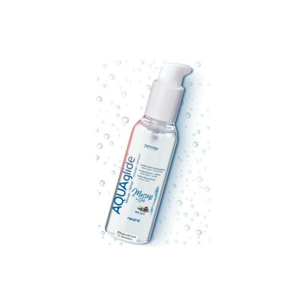 Fles met witte pomp, AquaGlide, Massage + Glide, neutraal. Tekst in het Duits. Achtergrond met waterdruppels.