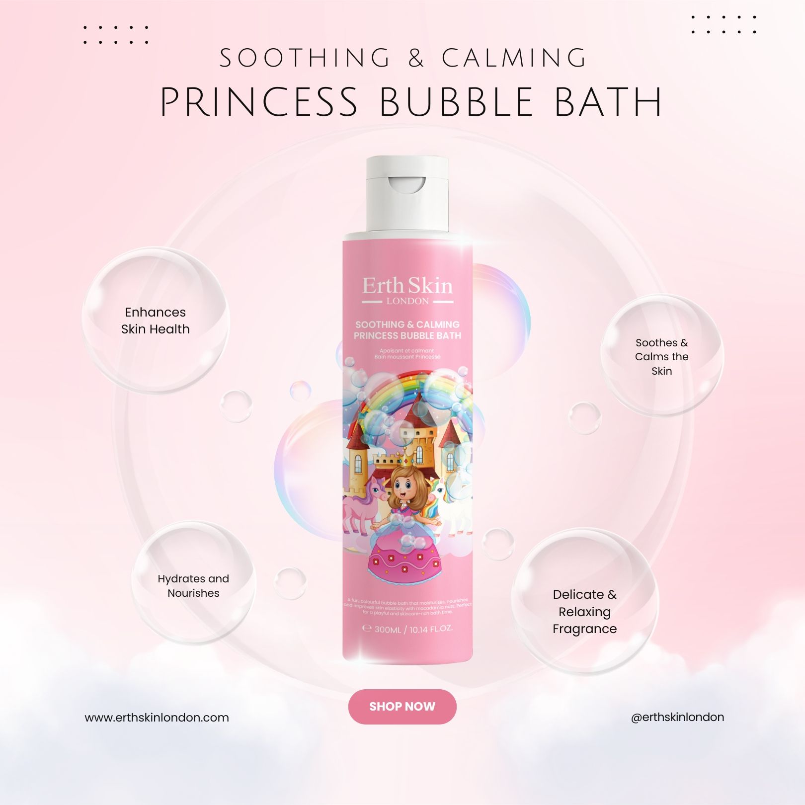 Roze fles met witte dop, omringd door infographics. Productnaam en logo op het etiket.