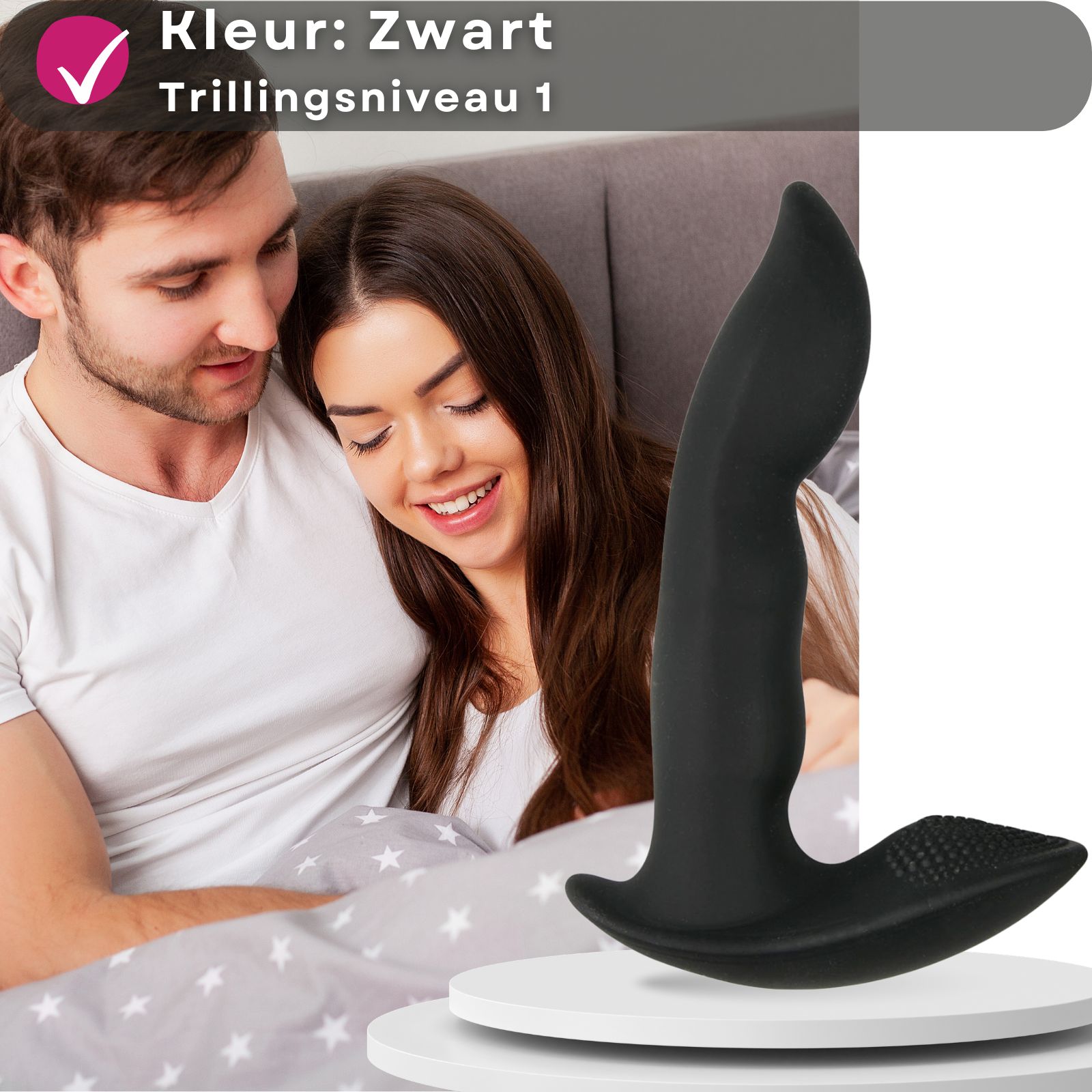 Zwarte vibrator. L-vormig. Tekst op banner: Kleur zwart, trillingsniveau 1.