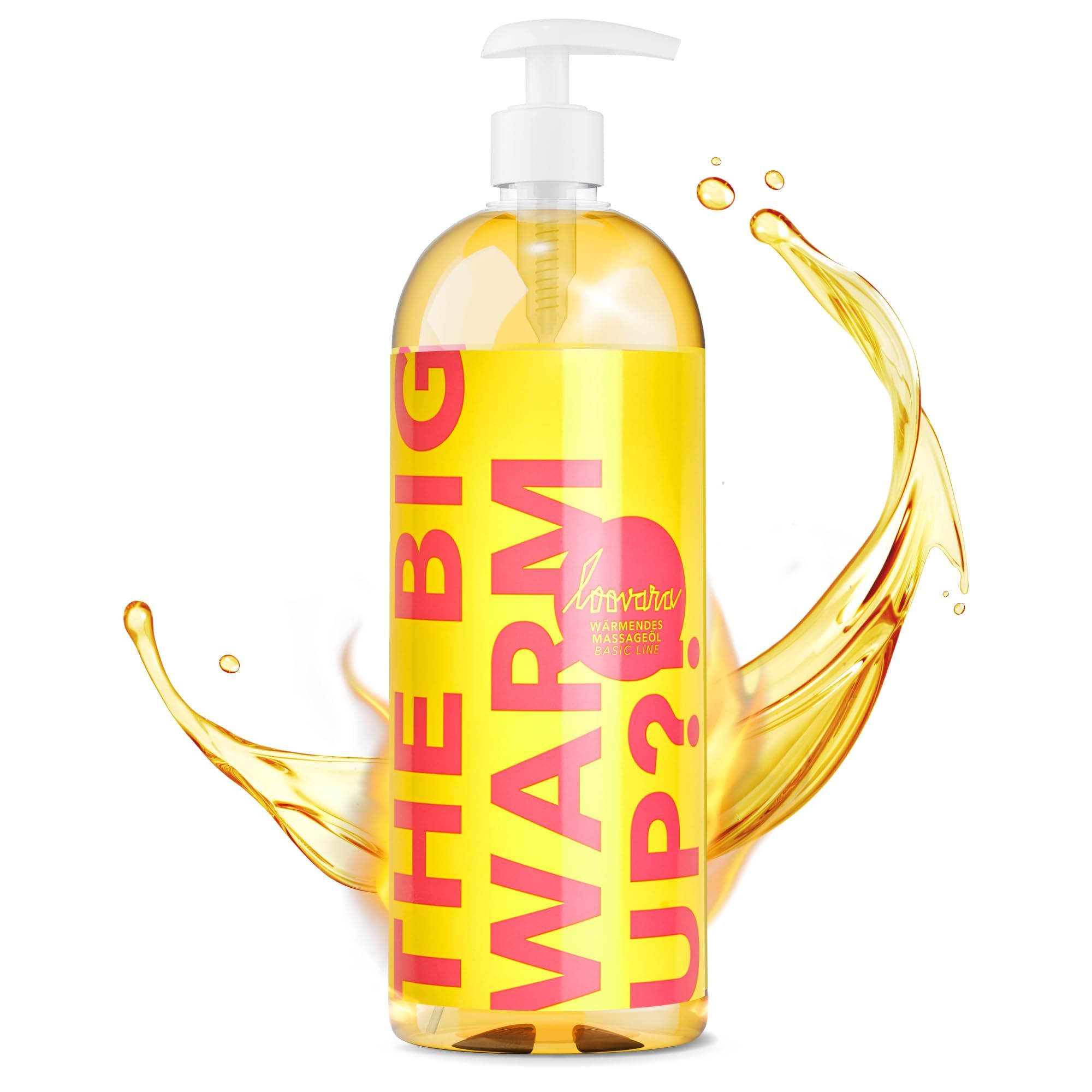 Bouteille d'huile de massage jaune avec distributeur à pompe. Étiquette jaune avec texte rose "THE BIG WARM UP?". Éclaboussures d'huile.
