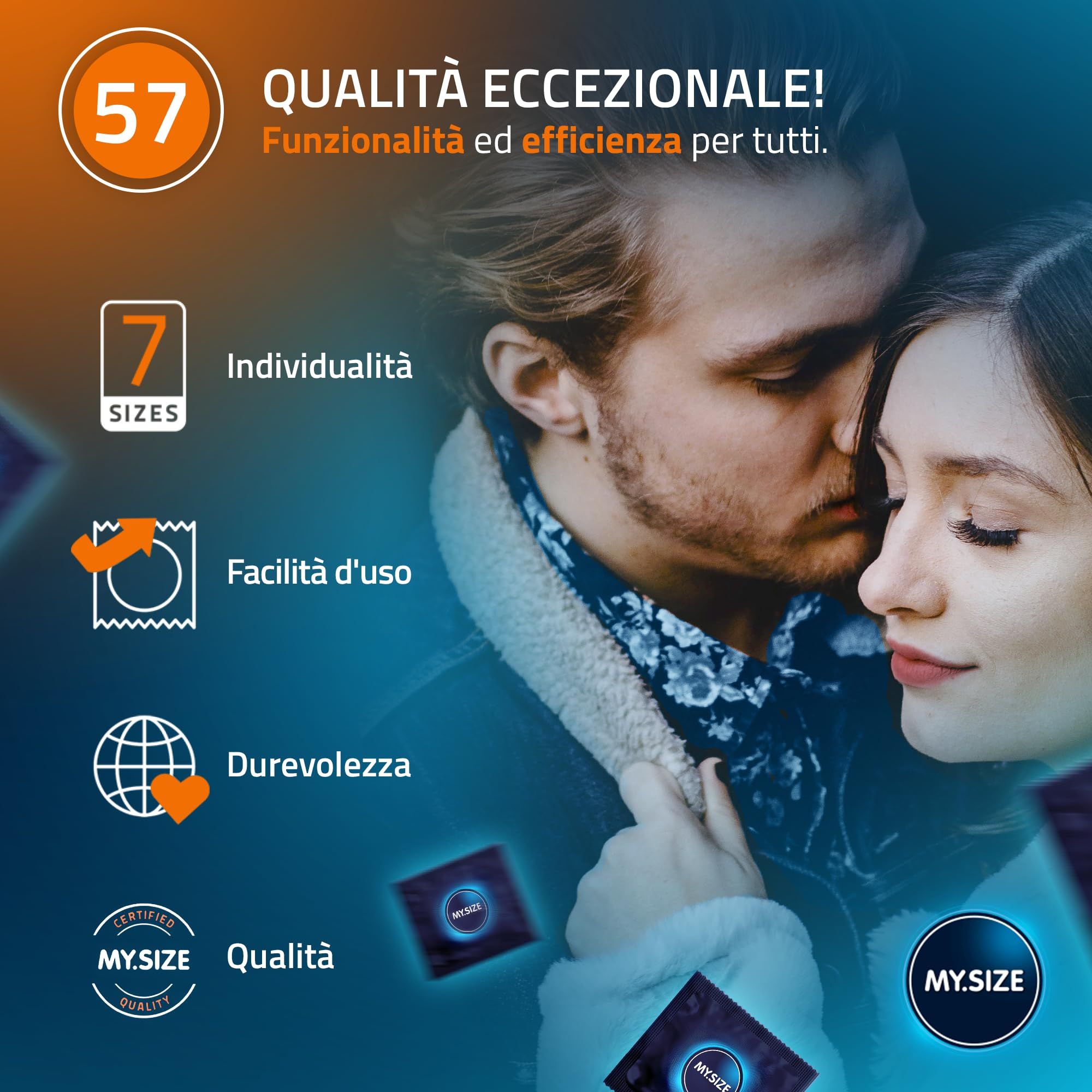 Un couple s'enlace. À gauche, des icônes et du texte soulignent 7 tailles, facilité d'utilisation, durabilité et qualité.