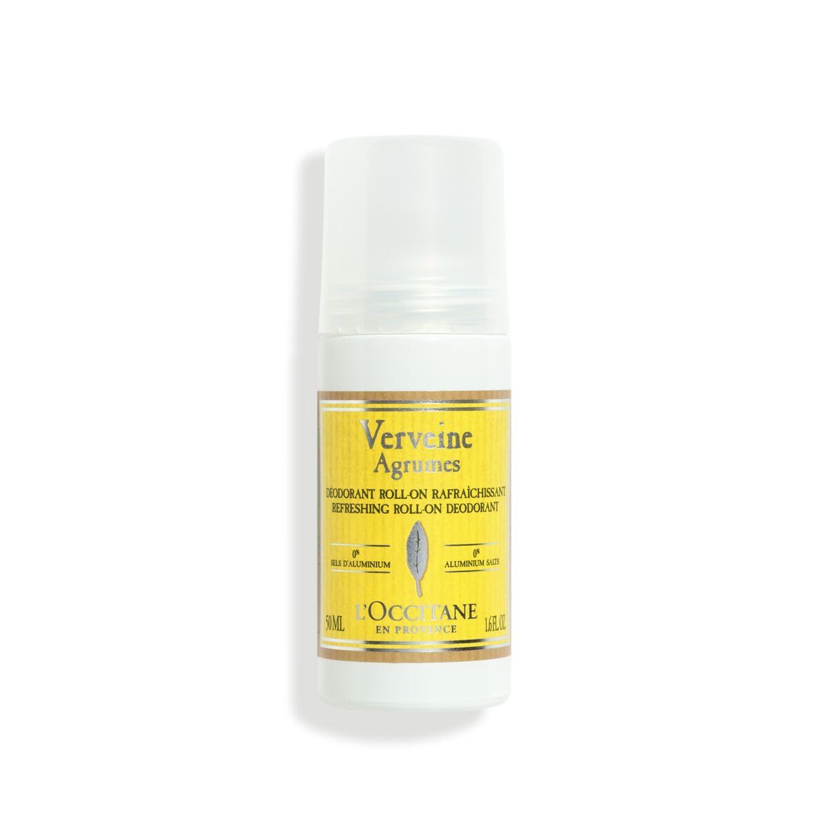Deo-Roll-On van L'Occitane. Witte fles met geel etiket. Opschrift: Verbene Agrumes, Roll-on rafraîchissant. Met dop.