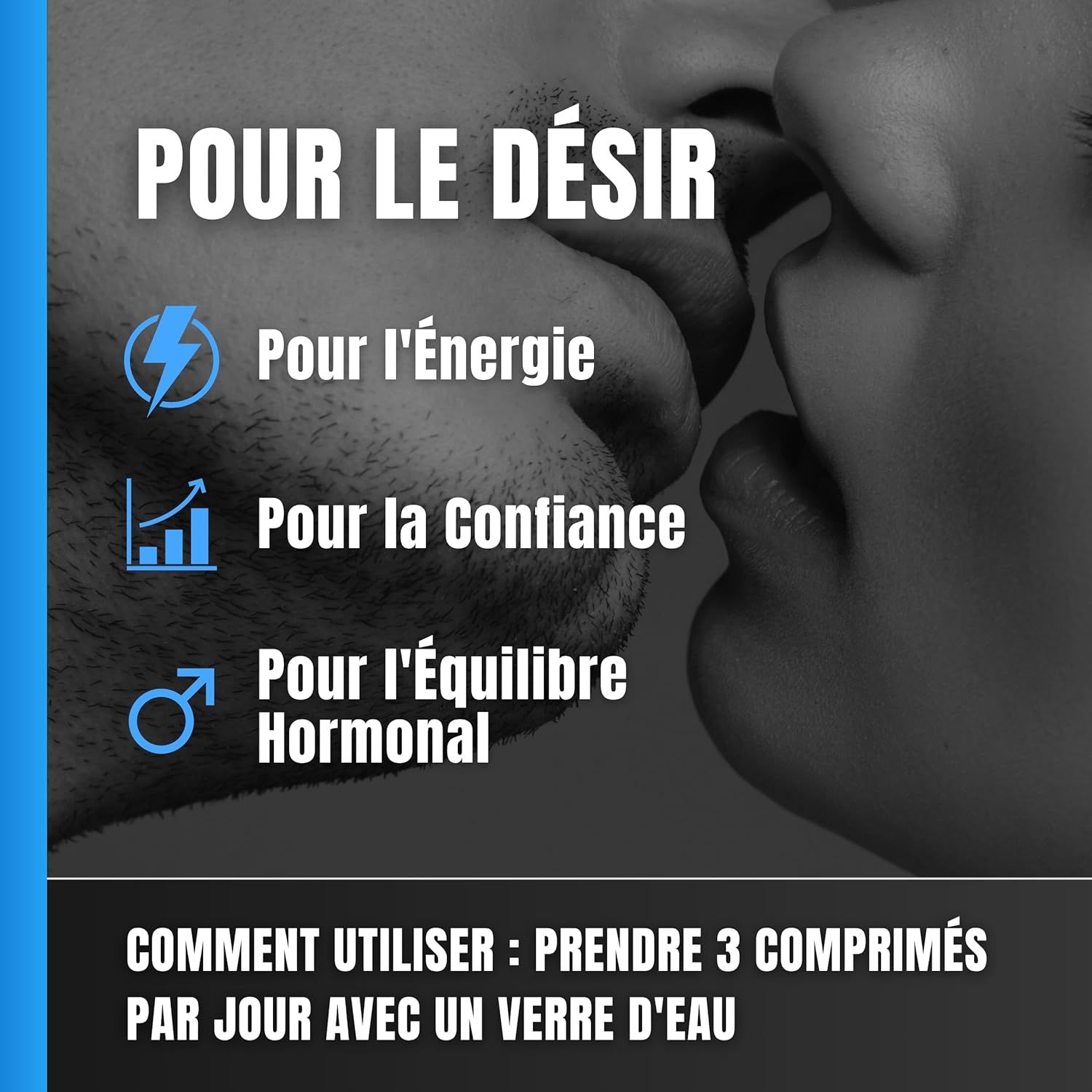 Close-up van lippen. Tekst: Voor energie, vertrouwen, hormonale balans. Gebruik: 3 tabletten per dag.