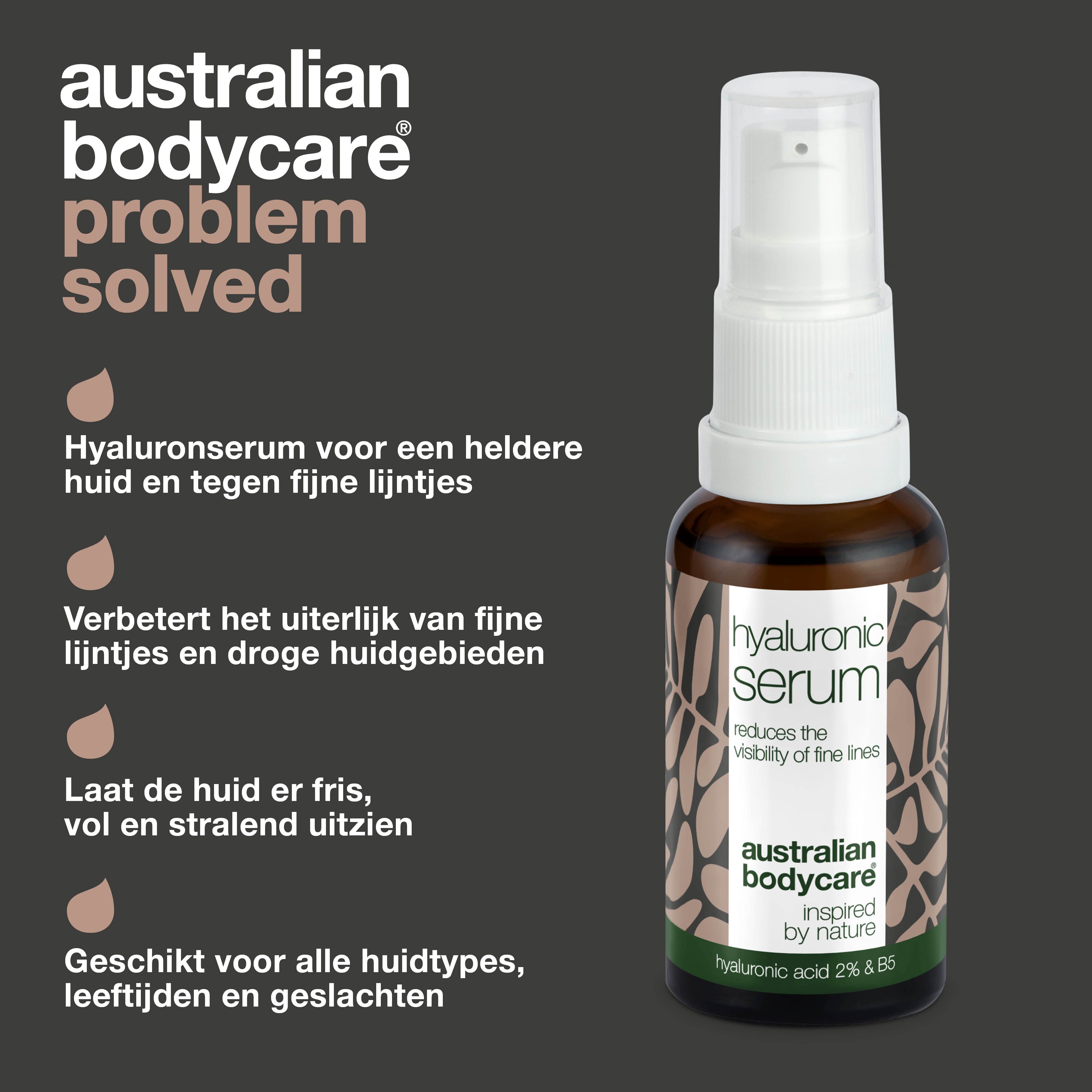 Bruine fles met witte pomp. Opschrift: Hyaluronic Serum, australian bodycare.