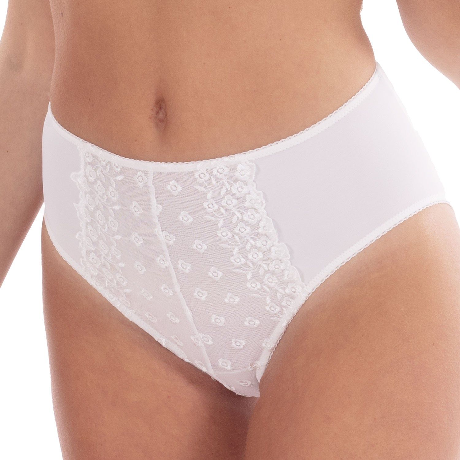 Culotte blanche avec dentelle florale. Vue de face, montrant l'ensemble du produit.