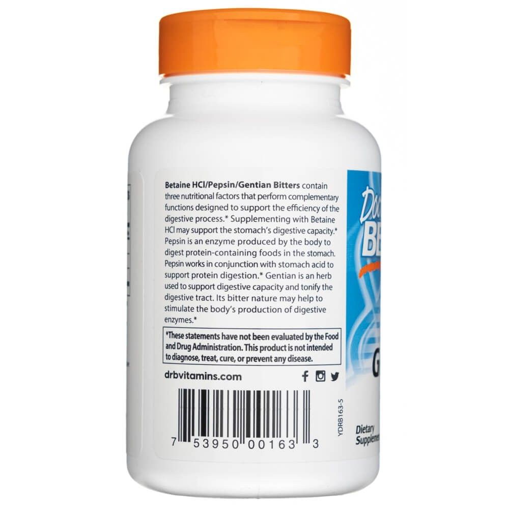 Côté de la Bétaïne HCl, Pepsine et Gentiane Amère Doctor's Best avec description du produit.