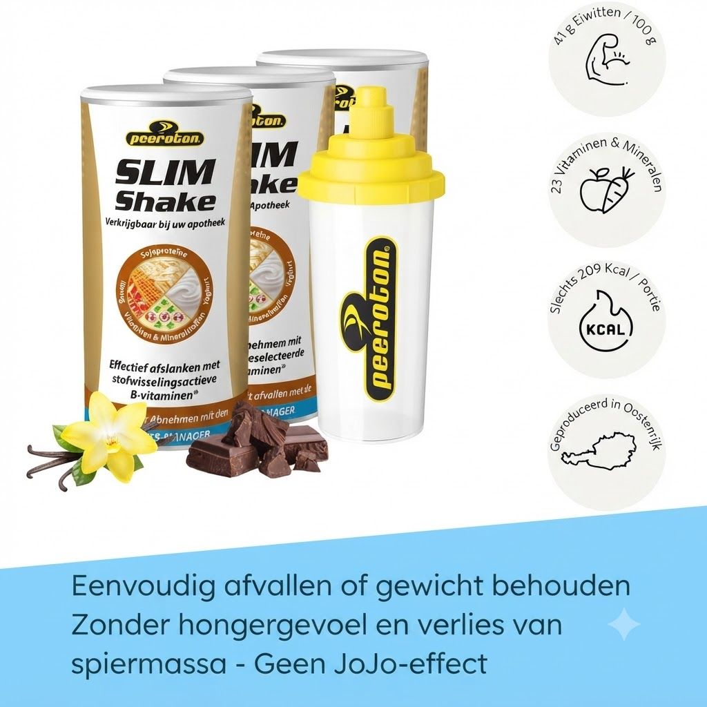Peeroton Slim Shake Vanille blik met shaker en voedingswaarden.