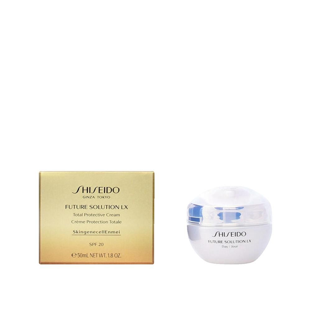 Pot de crème et boîte. Inscription : SHISEIDO, FUTURE SOLUTION LX, Total Protective Cream, SPF 20.