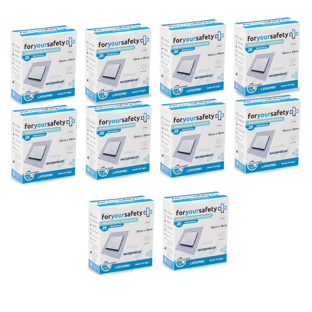 Plusieurs boîtes de pansements, 25 pièces, 10x10cm. Marque : foryoursafety.
