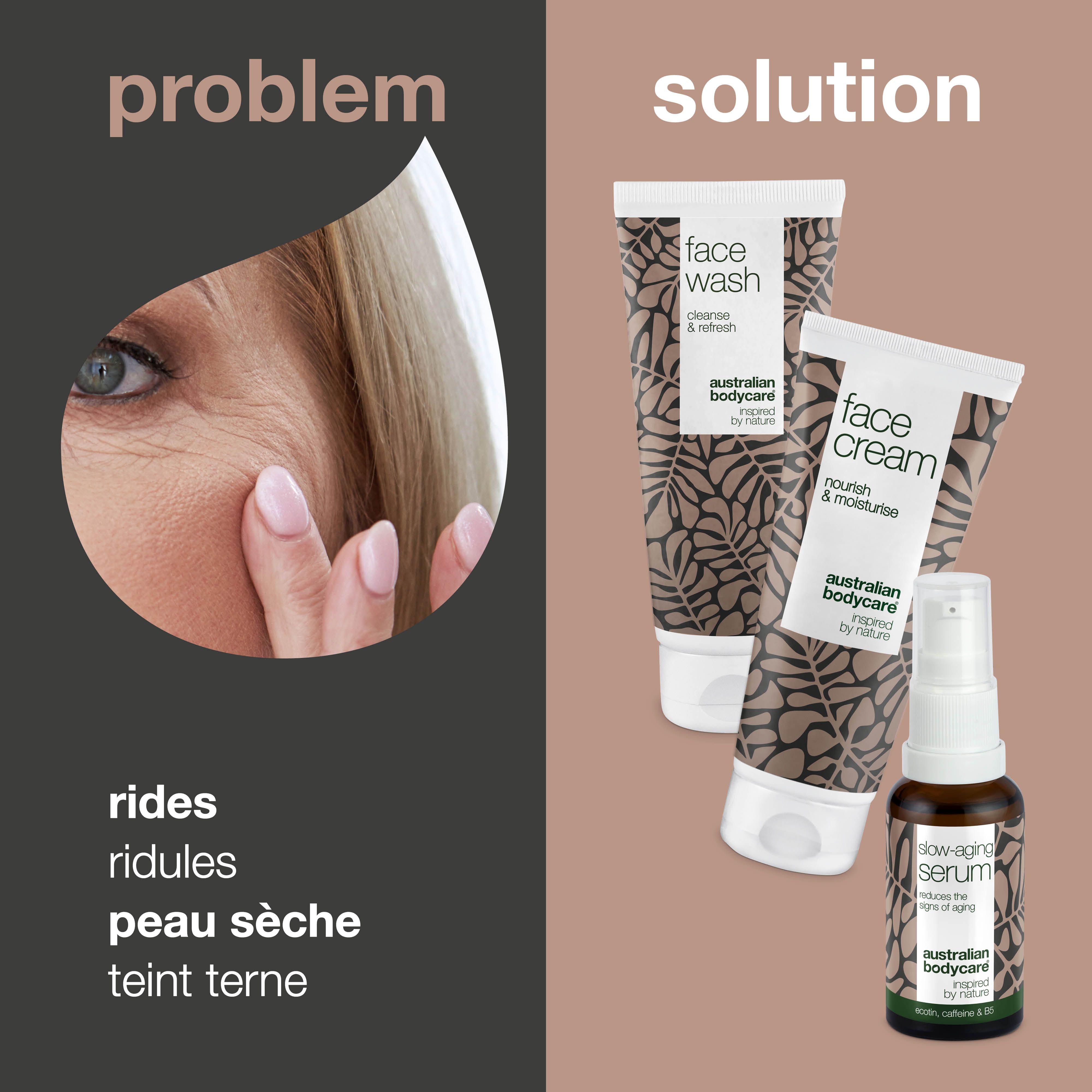 Problème : rides, ridules, peau sèche. Solution : nettoyant, crème et sérum. Marque : Australian Bodycare.