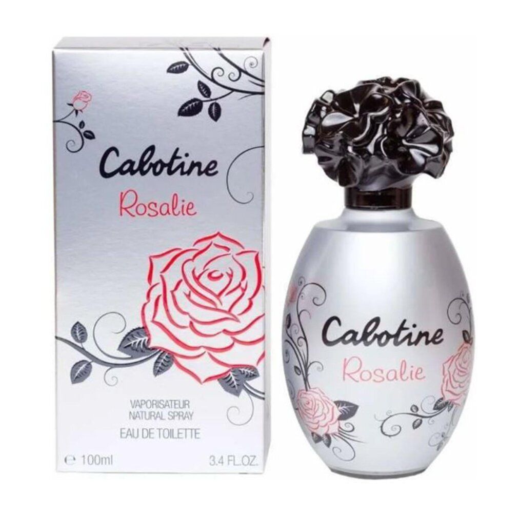 Flacon et boîte. Flacon argenté, bouchon noir en fleur. Inscription Cabotine Rosalie. Boîte avec rose.
