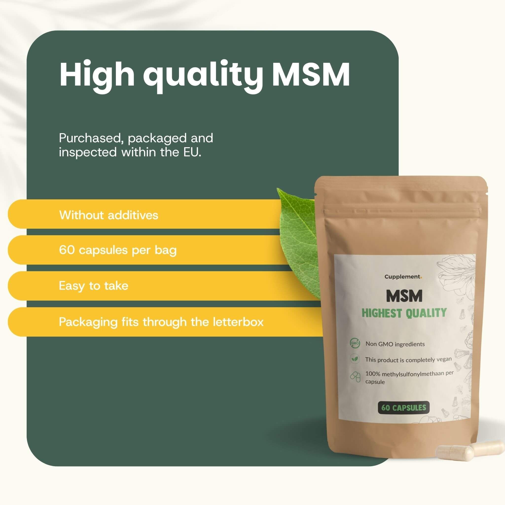 Sachet de gélules. Texte : MSM, qualité supérieure. 60 gélules par sachet. Sans additifs.