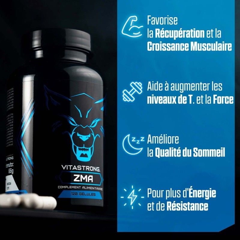 Persoon houdt een fles Vitastrong ZMA vast. Opschrift: Voor je training, slaap, welzijn. Zwart T-shirt.