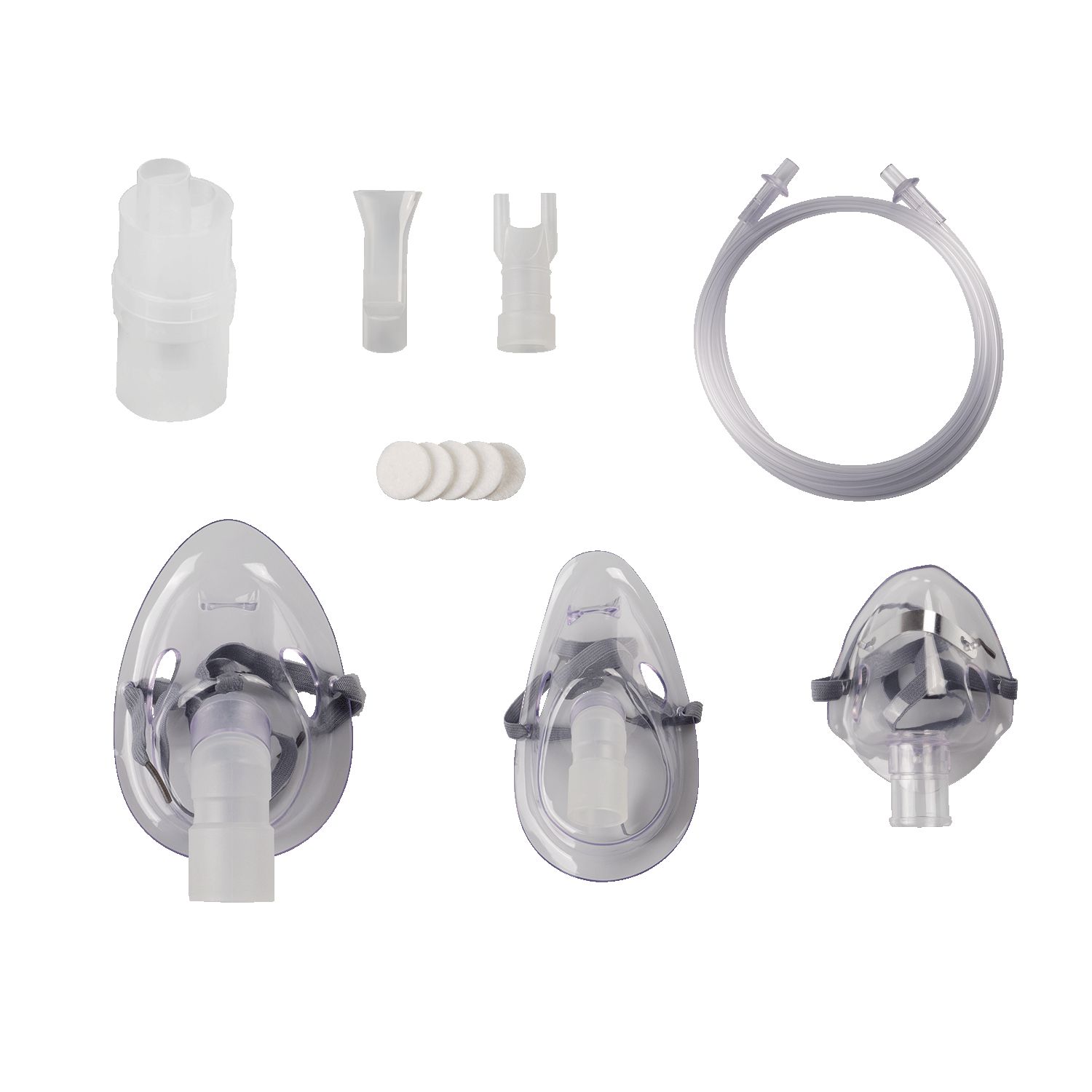 Medisana accessoire set: vernevelaar, mondstuk, neusadapter, filters en drie maskers.
