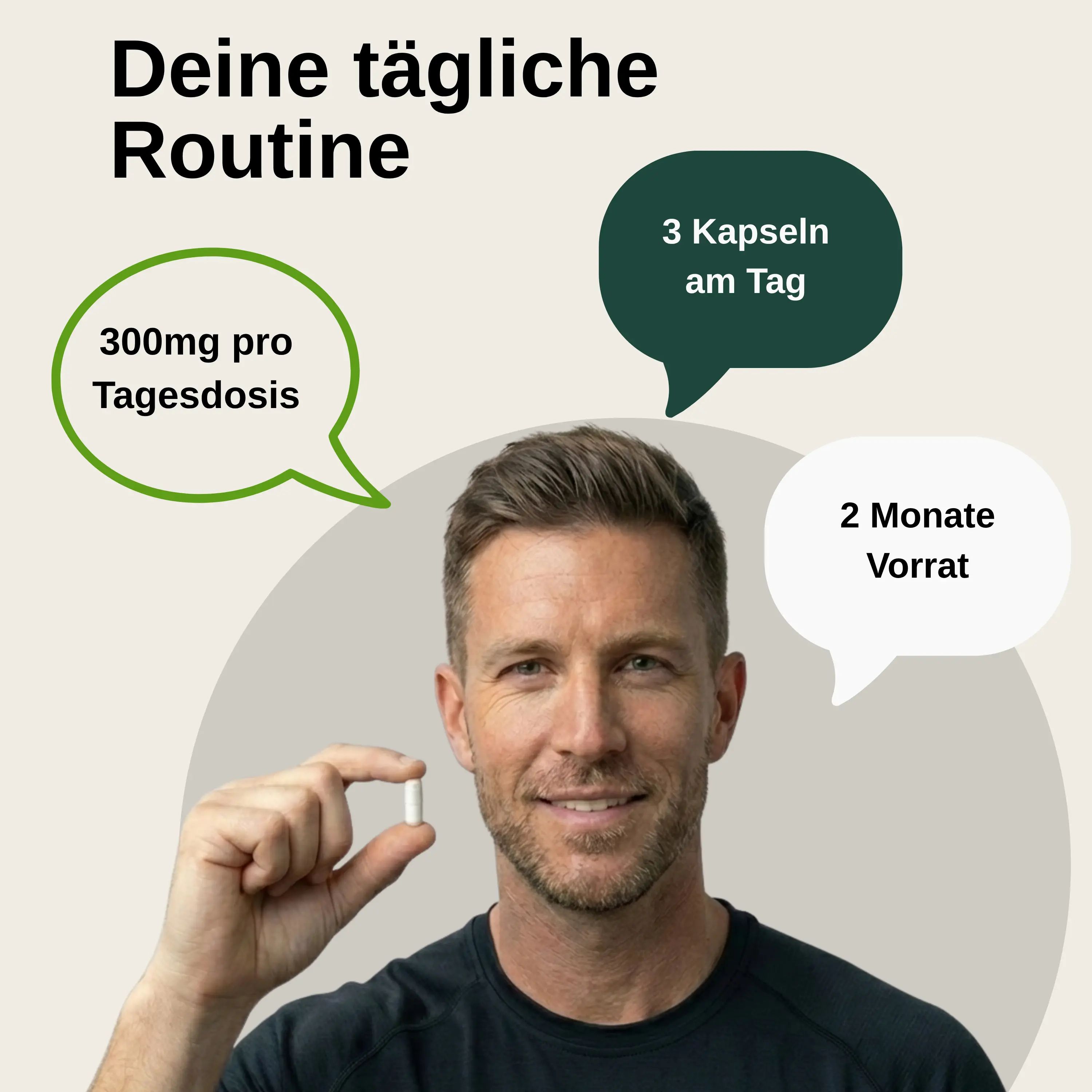 Homme tenant une gélule. Texte : 300mg par dose quotidienne, 3 gélules par jour, 2 mois de réserve. L'homme sourit.