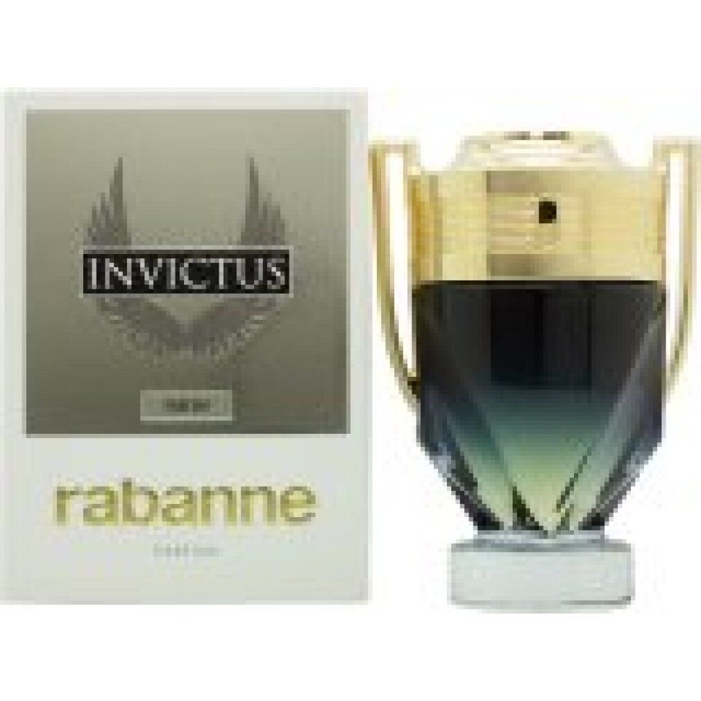 Flacon et emballage Invictus Parfum. Flacon vert foncé, bouchon doré. Emballage blanc avec logo et texte.