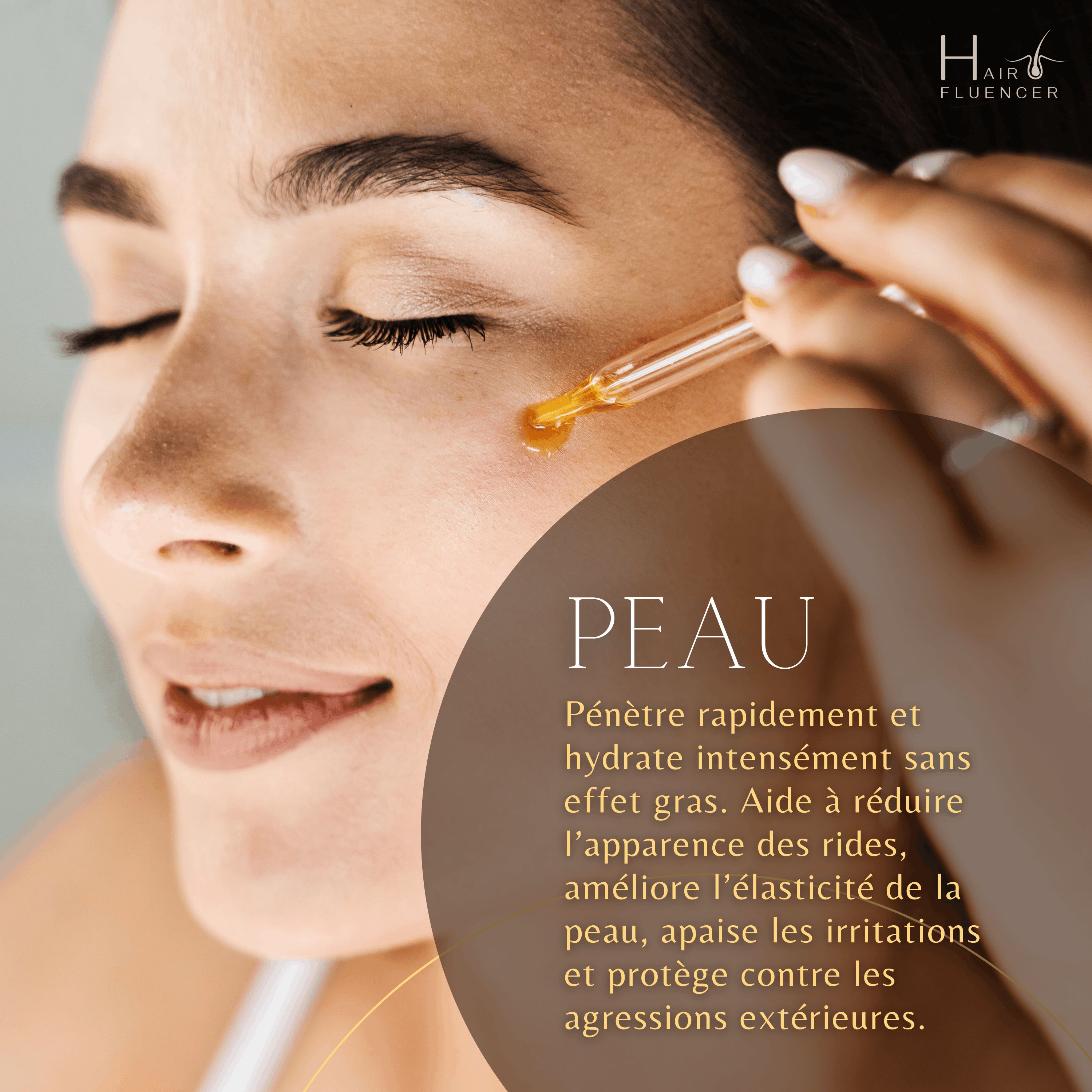 Femme avec goutte d'huile d'argan sur la peau. Texte : Pénètre rapidement, hydrate, réduit les rides, améliore l'élasticité.