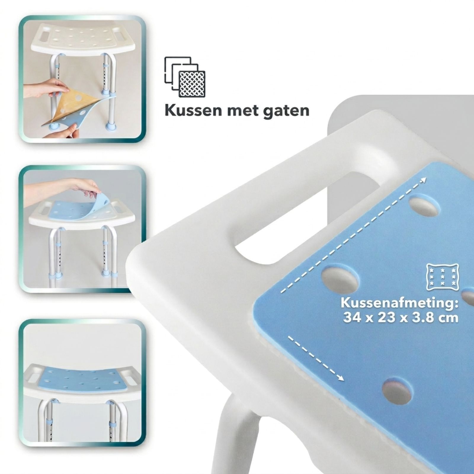 Douchekruk met blauwe zitting. Kussen met gaten. Kussenafmeting: 34 x 23 x 3.8cm. Close-up.