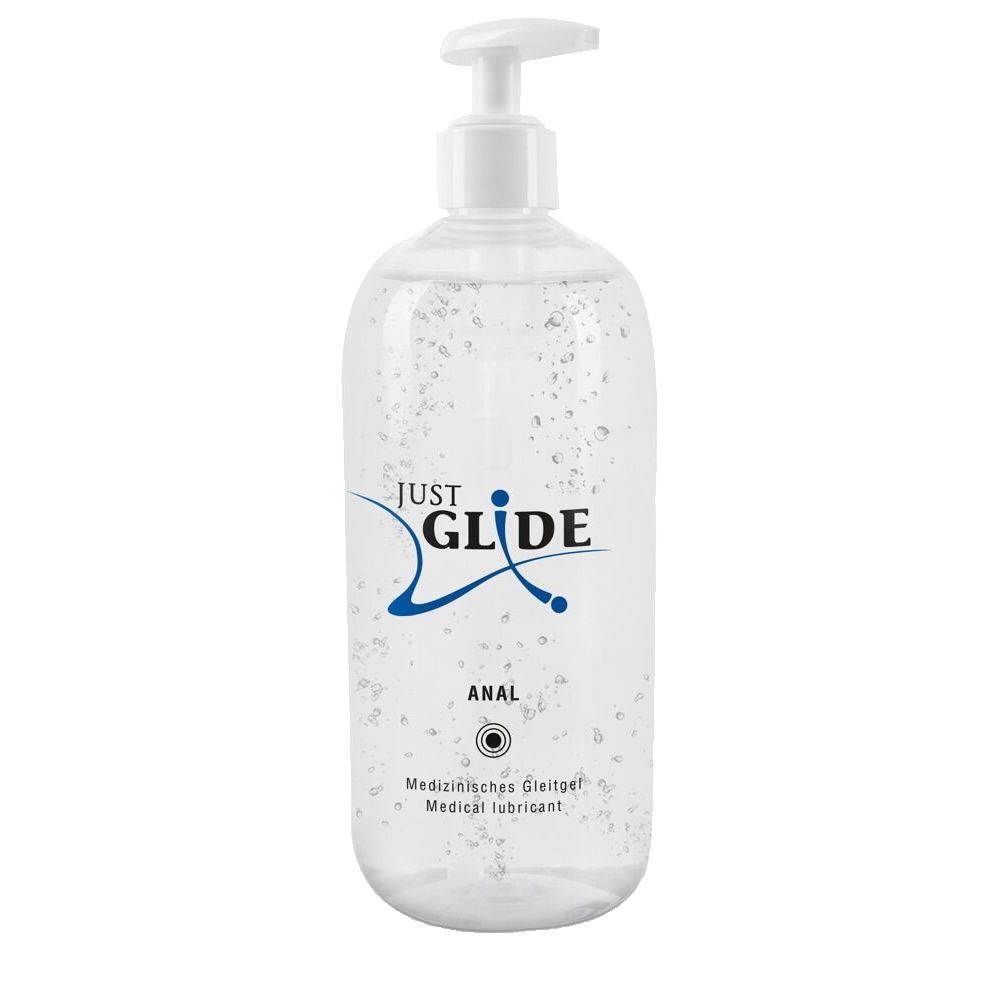 Transparante fles met witte pomp. Opschrift 'JUST GLIDE ANAL'. Product gevuld met vloeistof.