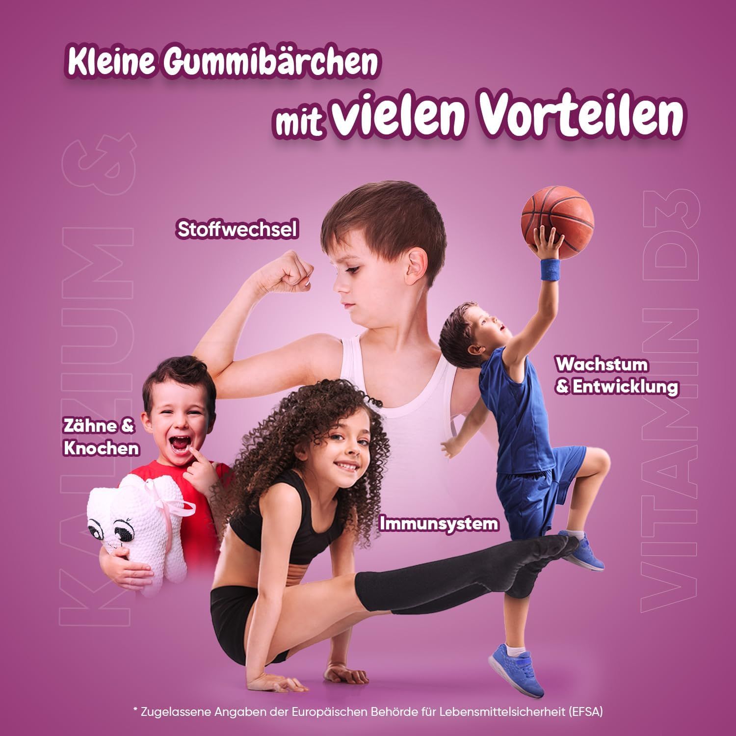 Kinderen met basketbal, tanden, spieren en immuunsysteem. Tekst: Kleine gummies met veel voordelen.