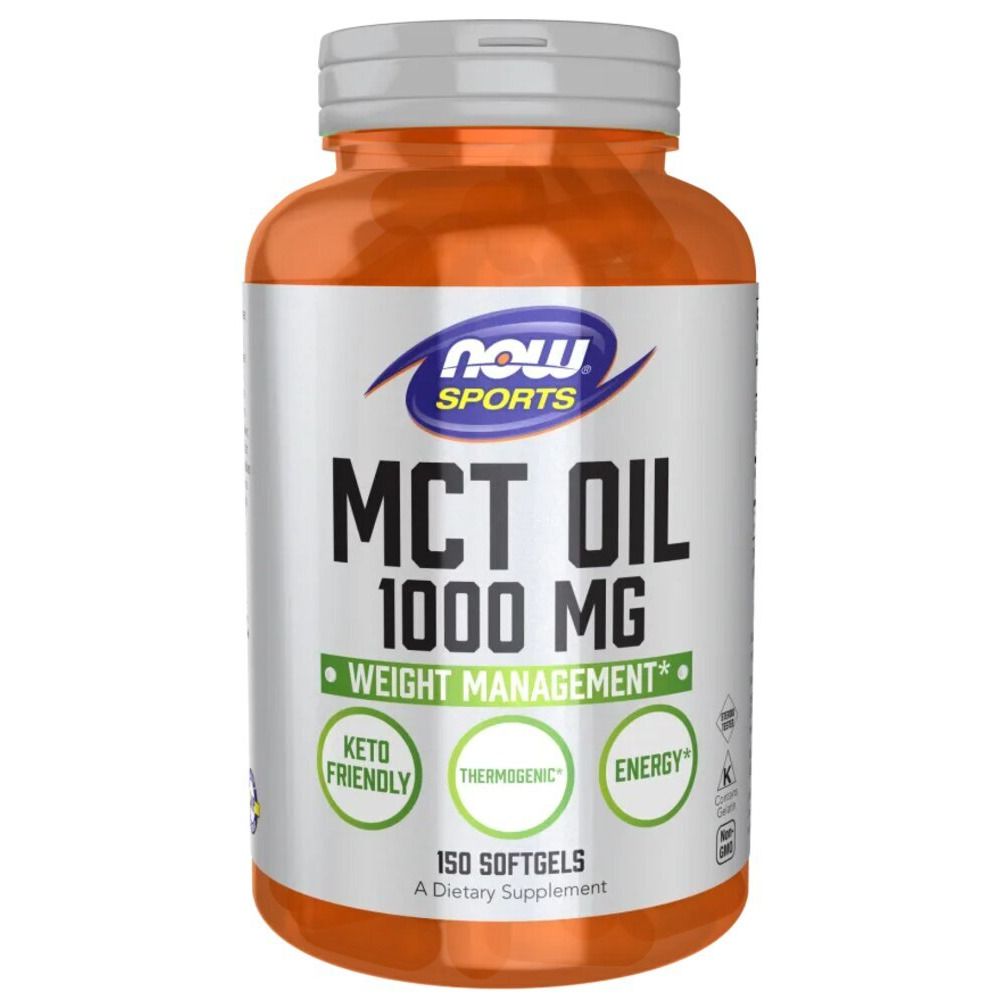 Flacon de gélules d'huile MCT. Inscription : Now Sports, MCT Oil 1000 mg, Weight Management, Keto Friendly, Thermogenic, Energy. 150 gélules.