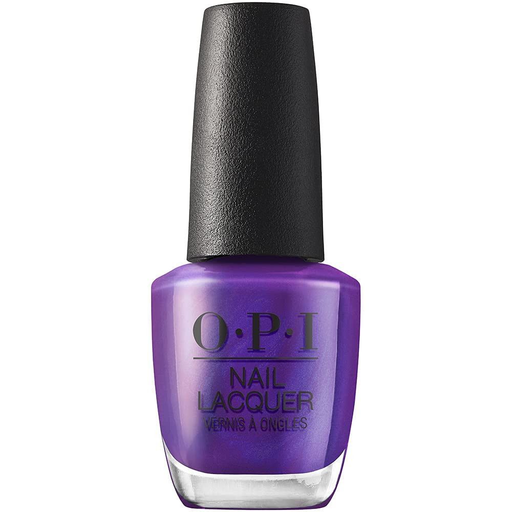 OPI nagellakfles. Paarse lak met zwarte dop. Opschrift: OPI, Nail Lacquer, Vernis à Ongles.