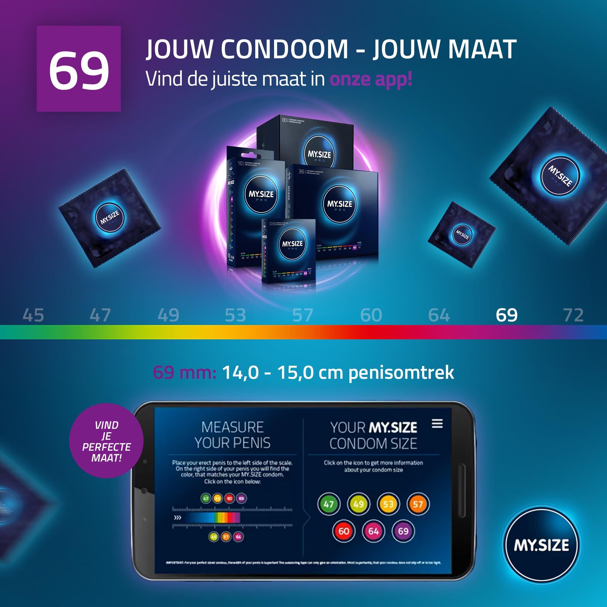 My.Size Pro condooms: 80 stuks, maat 69 mm. Individualiteit, gebruiksgemak, duurzaam, kwaliteit.