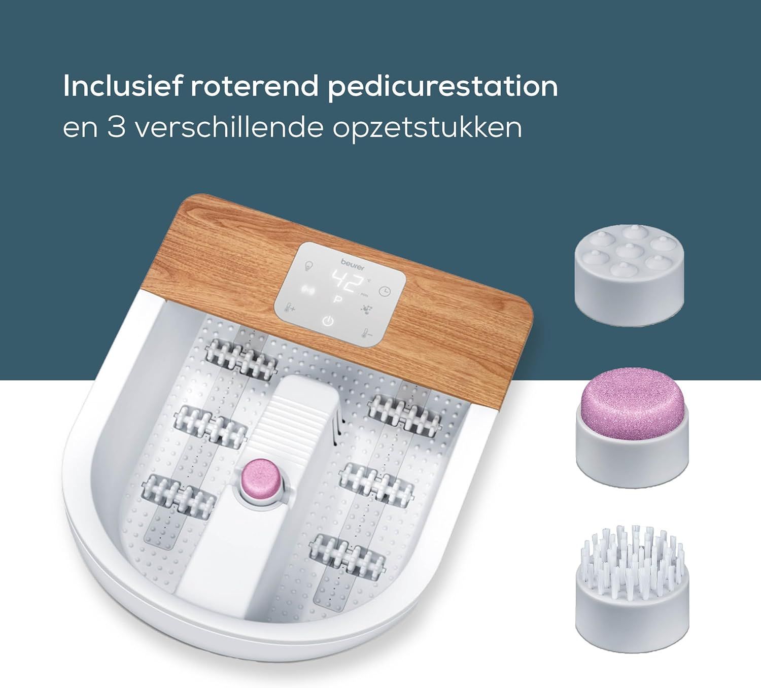 Voetenbad met bruisfunctie, digitale display, waterverwarming en houten accenten.