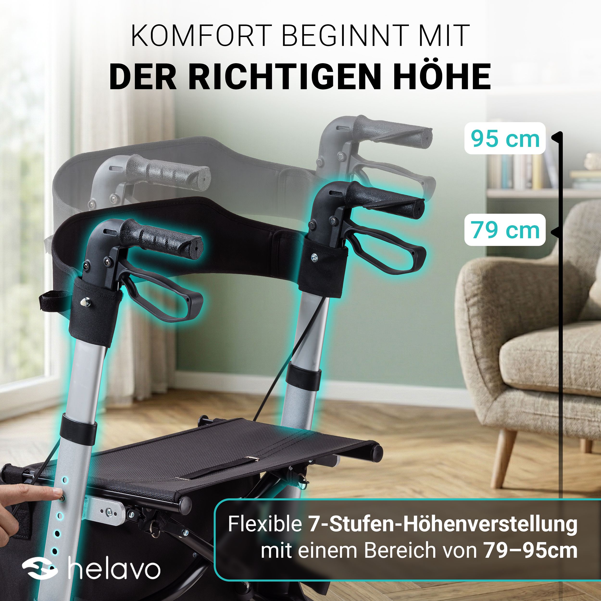 Réglage de la hauteur d'un rollator de 79 cm à 95 cm en 7 étapes.