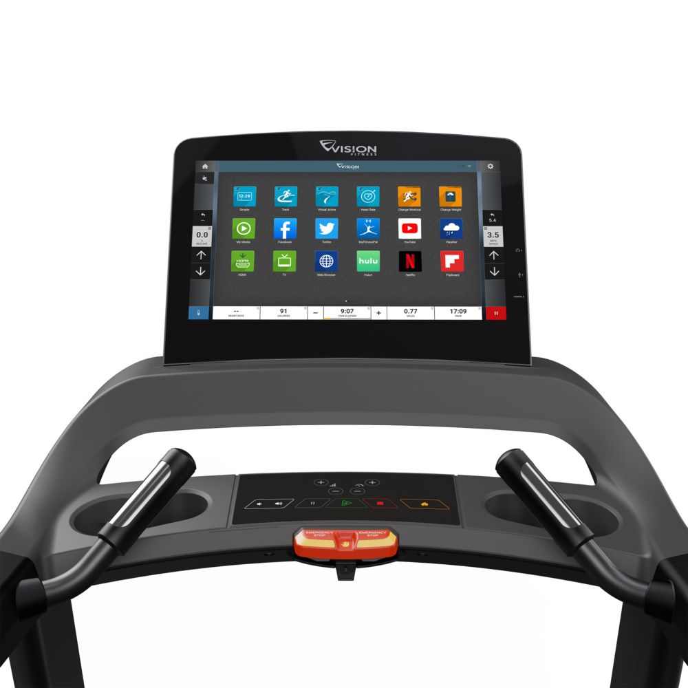 Console de tapis de course avec écran tactile. Icônes d'applications. Logo Vision Fitness. Poignées.