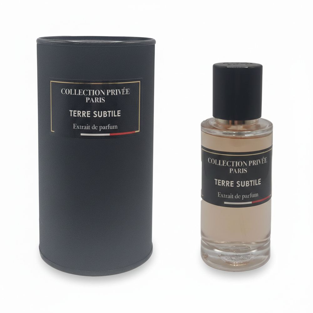 Flacon de parfum et emballage cylindrique. Bouchon noir, étiquette avec texte. Nom du produit: Terre Subtile. Emballage noir.