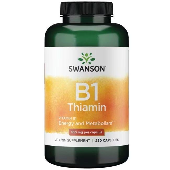 Flacon vert avec étiquette blanche. Inscription : SWANSON, B1 Thiamine, 100 mg par capsule, 250 capsules. Supplément de vitamine B1.