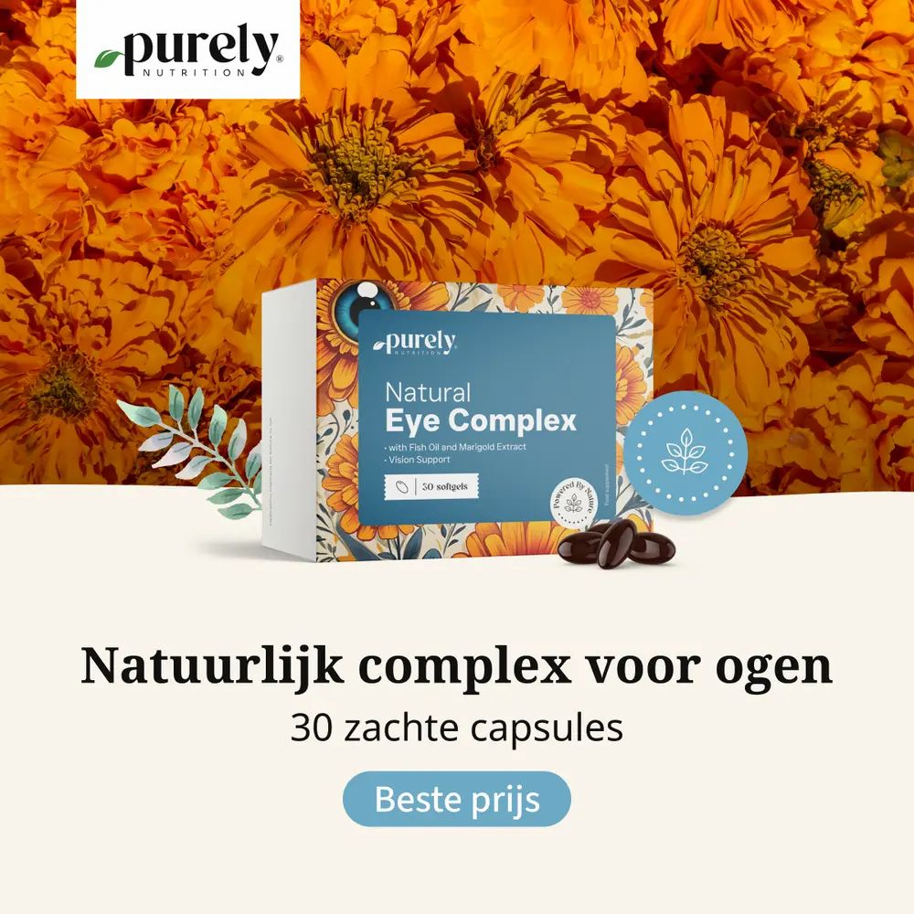 Verpakking Natural Eye Complex met 30 softgels. Bruine softgels. Merk Purely Nutrition.