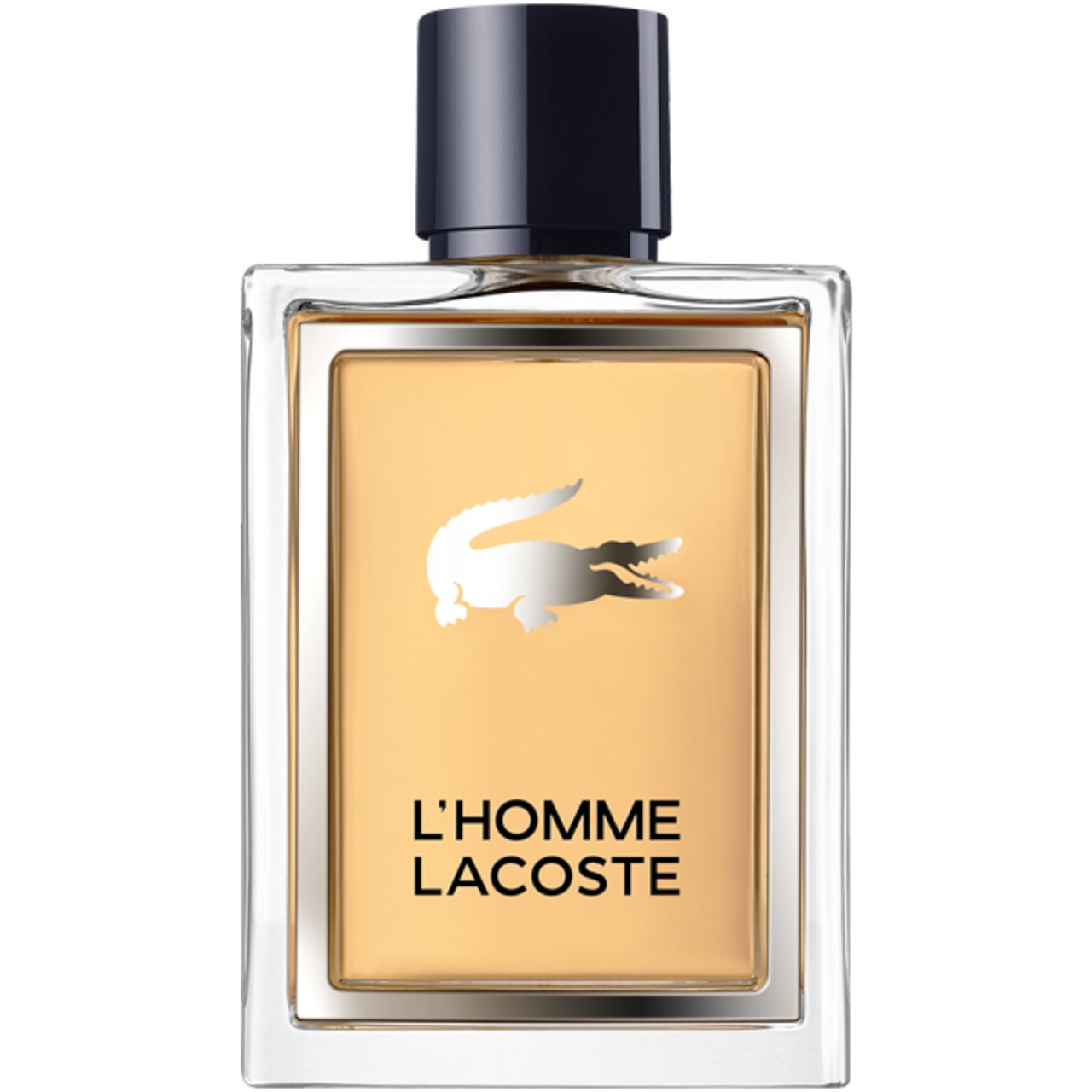 Lacoste L'Homme Eau de Toilette fles. Rechthoekige vorm, goudkleurig glas. Zwarte dop, krokodillenlogo en belettering.