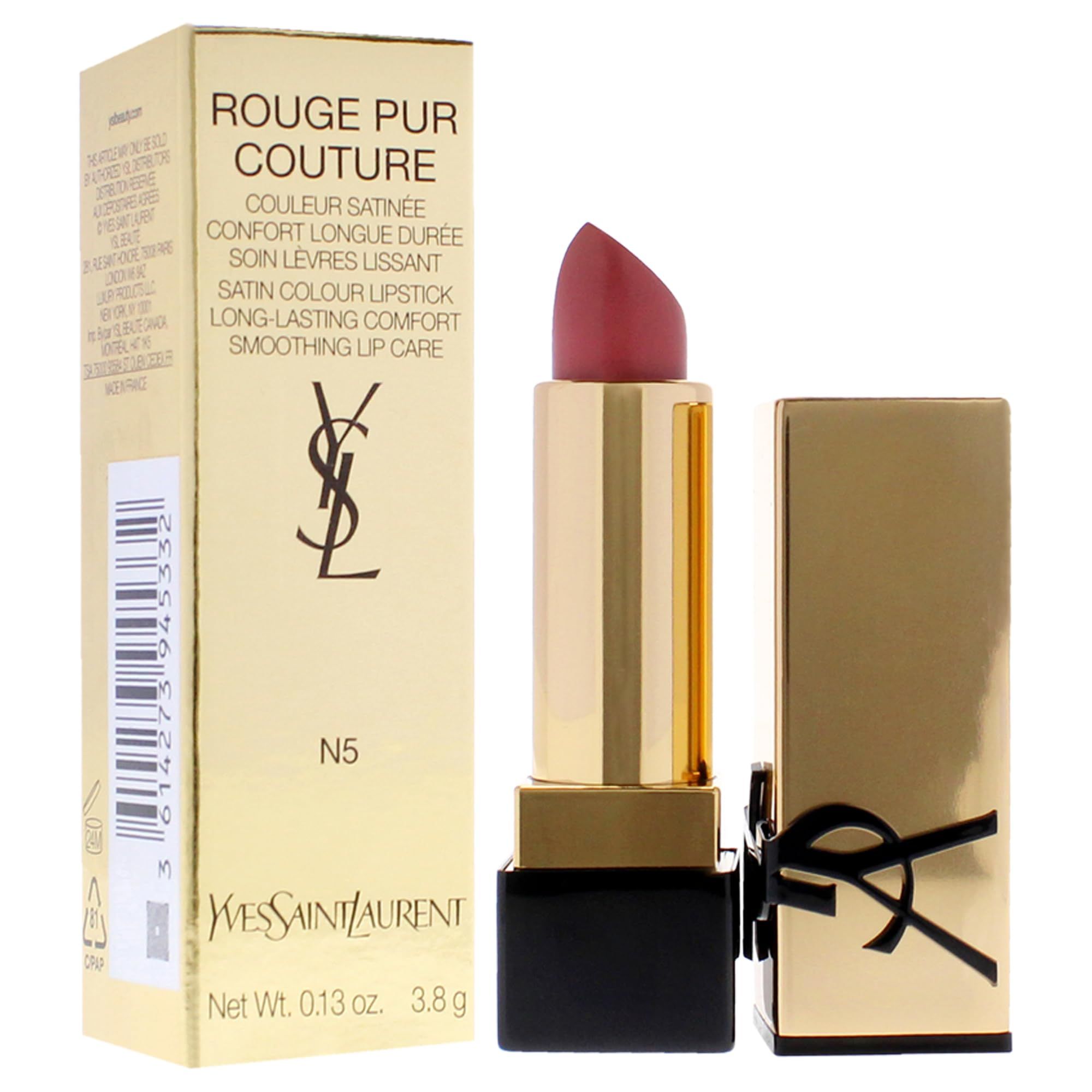 Lippenstift met gouden huls en zwarte basis. Op de verpakking staat "Rouge Pur Couture" en "Yves Saint Laurent".
