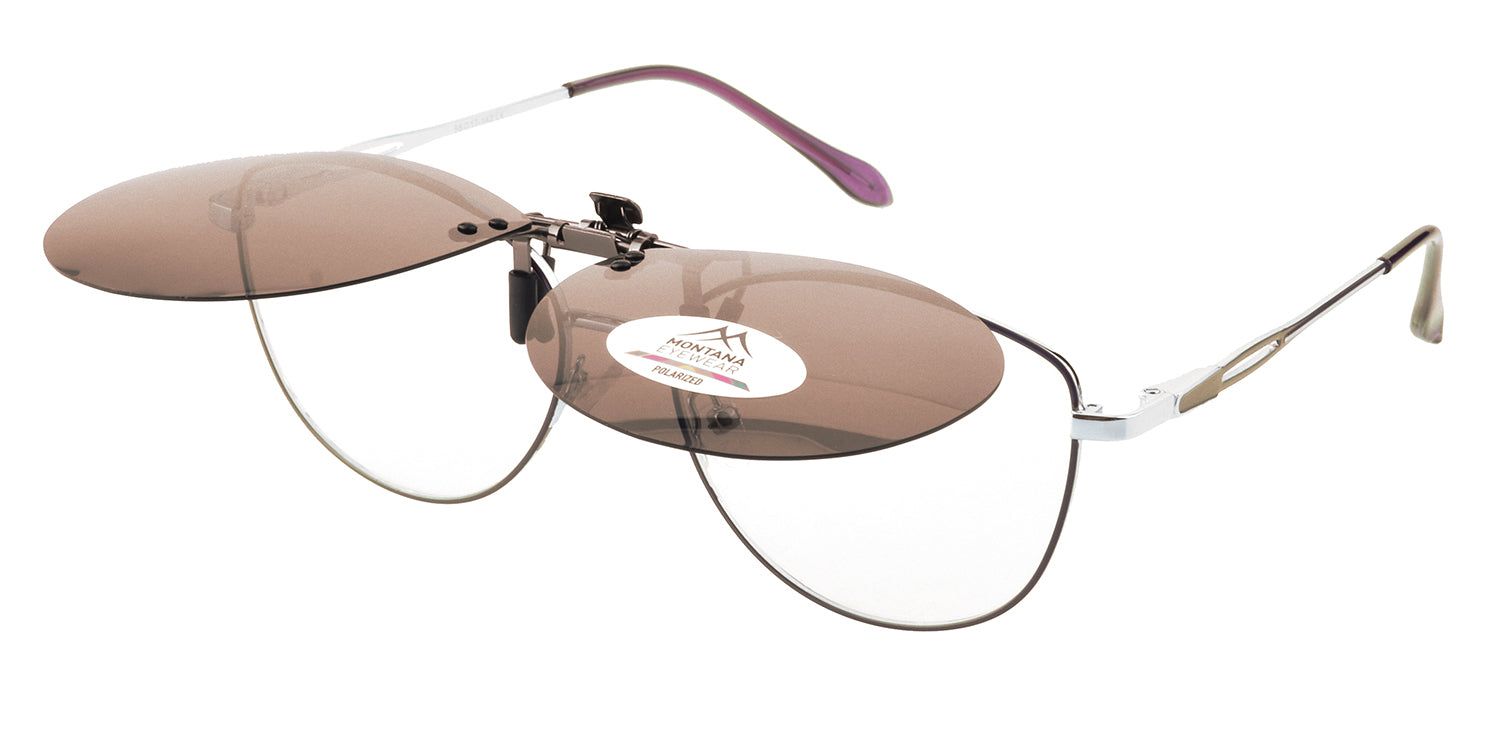 Montana Eyewear Sopot flip-up zonnebril, bruine glazen, zilveren montuur, paarse pootjes. Gedeeltelijk open.