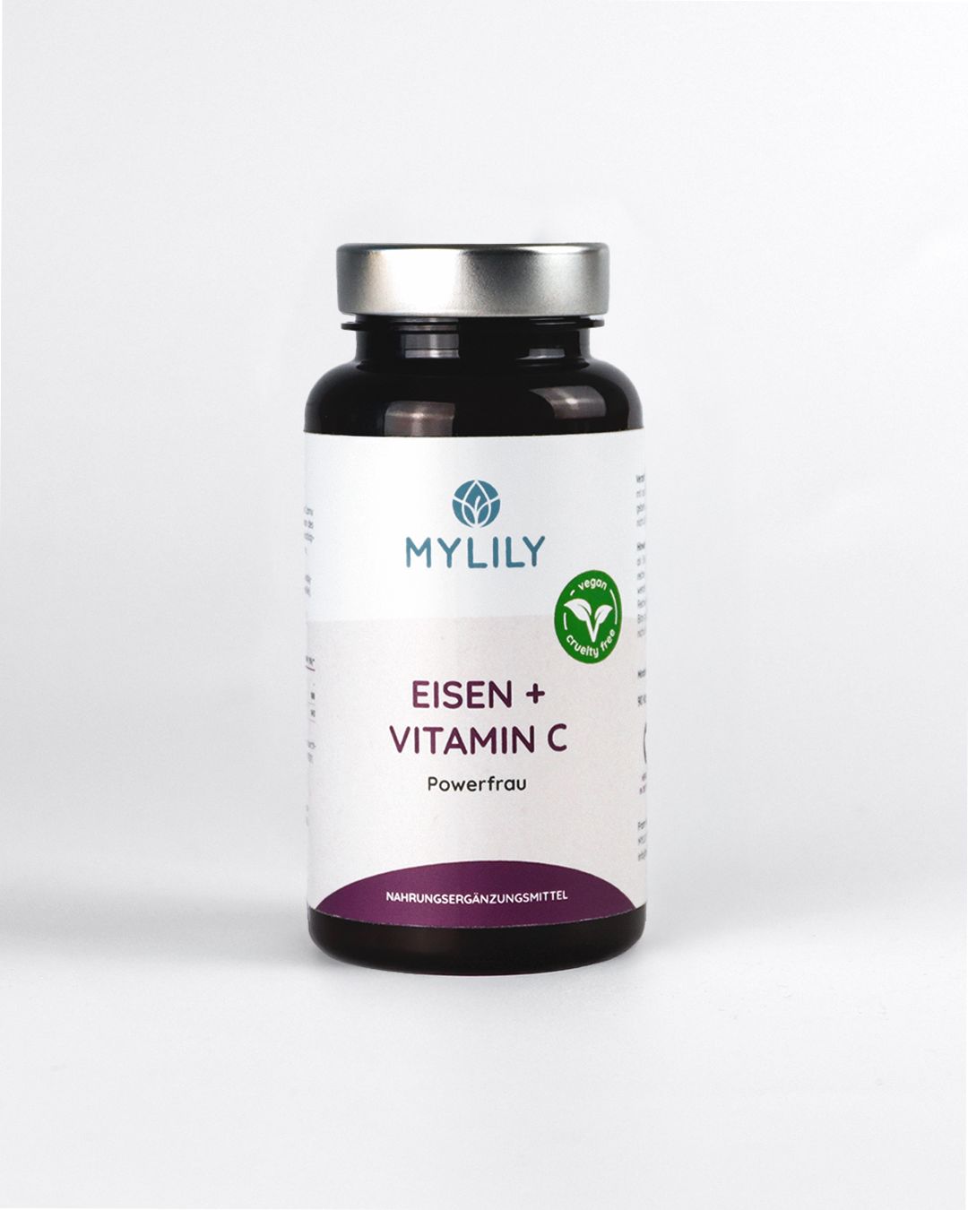 Bruine fles met capsules. Opschrift: MYLILY, IJzer + Vitamine C, Powerfrau. Vegan-zegel.