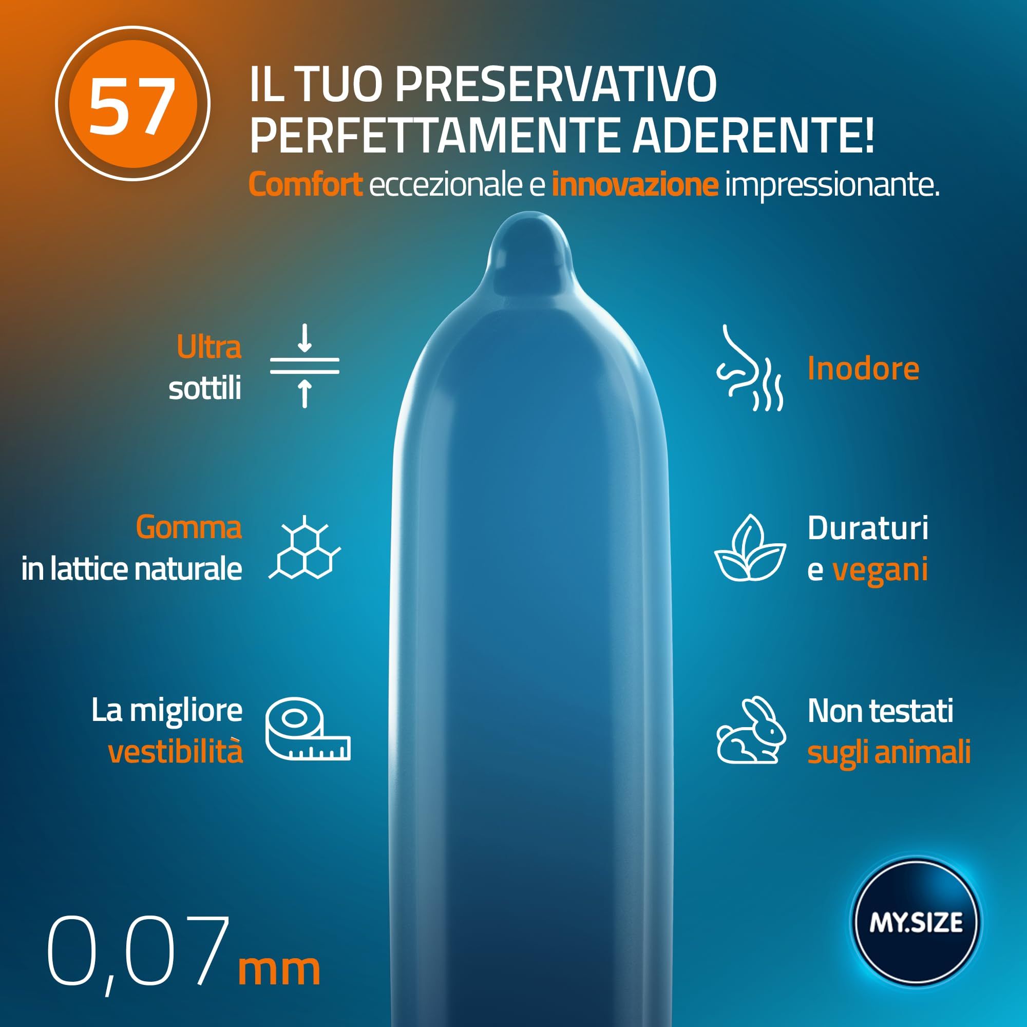 Un préservatif bleu en latex de 0,07 mm d'épaisseur. Les étiquettes mentionnent : ultra-fin, caoutchouc naturel, bon ajustement, inodore, durable, végétalien, non testé sur les animaux.