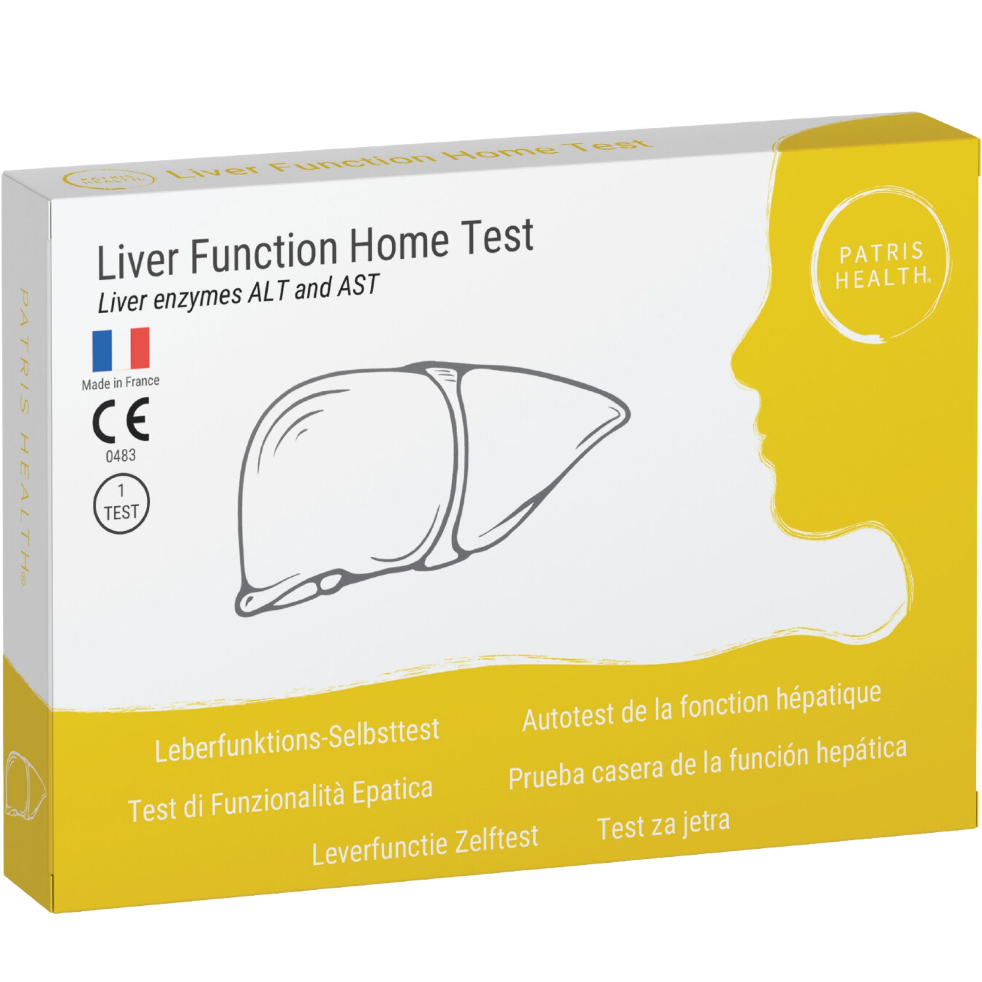 Verpakking van de leverfunctietest. Doos met productnaam, logo, CE-markering, Franse vlag. Patris Health.