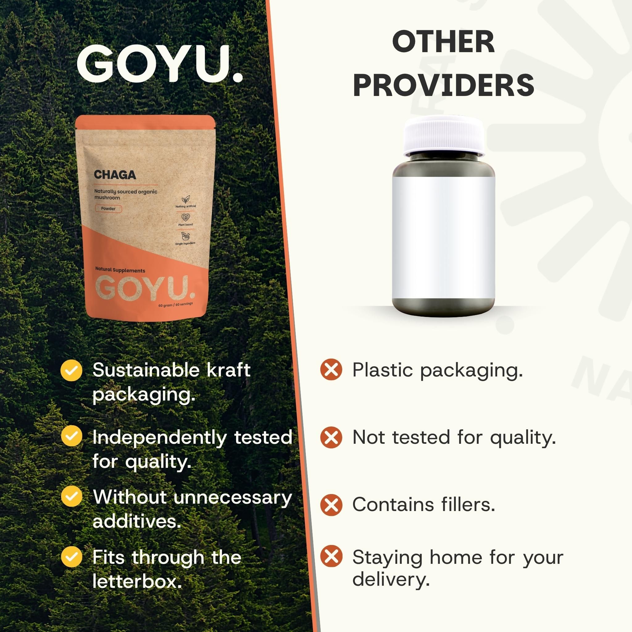 Poudre de Chaga GOYU dans un emballage kraft durable, à côté d'une bouteille d'autres fournisseurs.