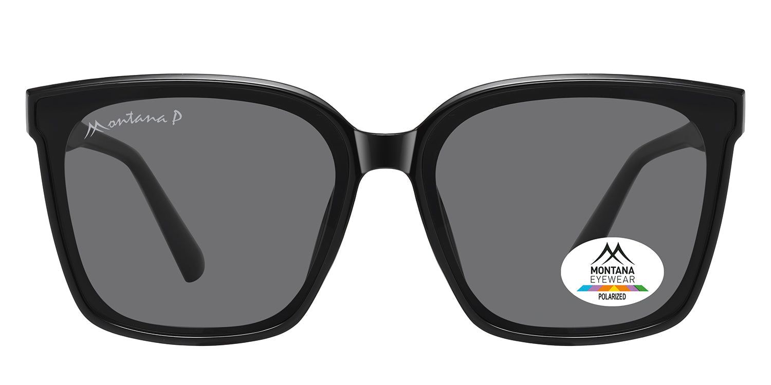 Lunettes de soleil noires avec verres gris. Logo Montana Eyewear sur la lentille et la branche. Polarisées.
