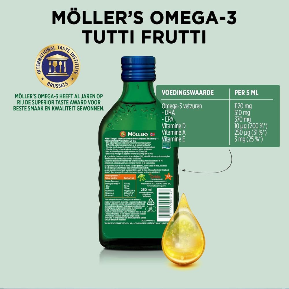 Möller's Omega-3 Tutti Frutti. Voedingswaarde. Druppel olie. Onderscheiding.