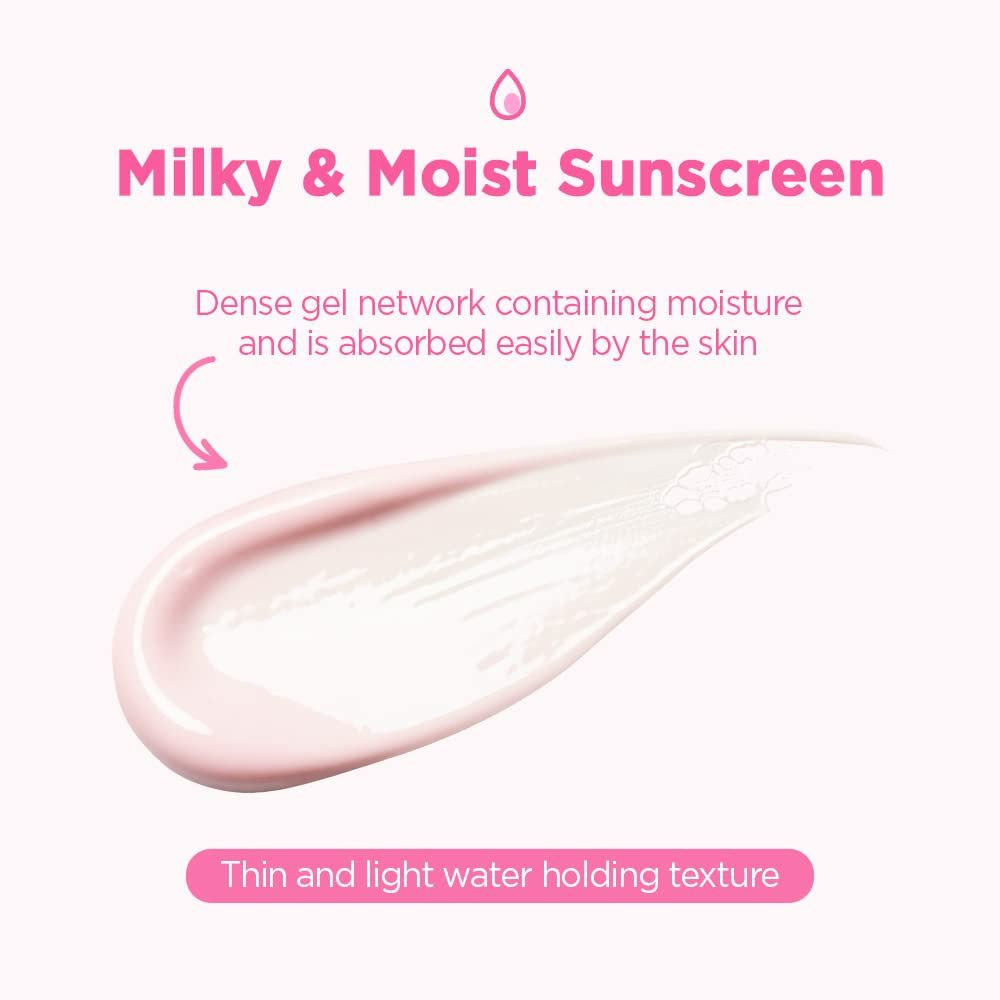 Roze achtergrond met tekst: 'Milky & Moist Sunscreen'. Productstreep met pijl. Tekst: 'Thin and light water holding texture'.