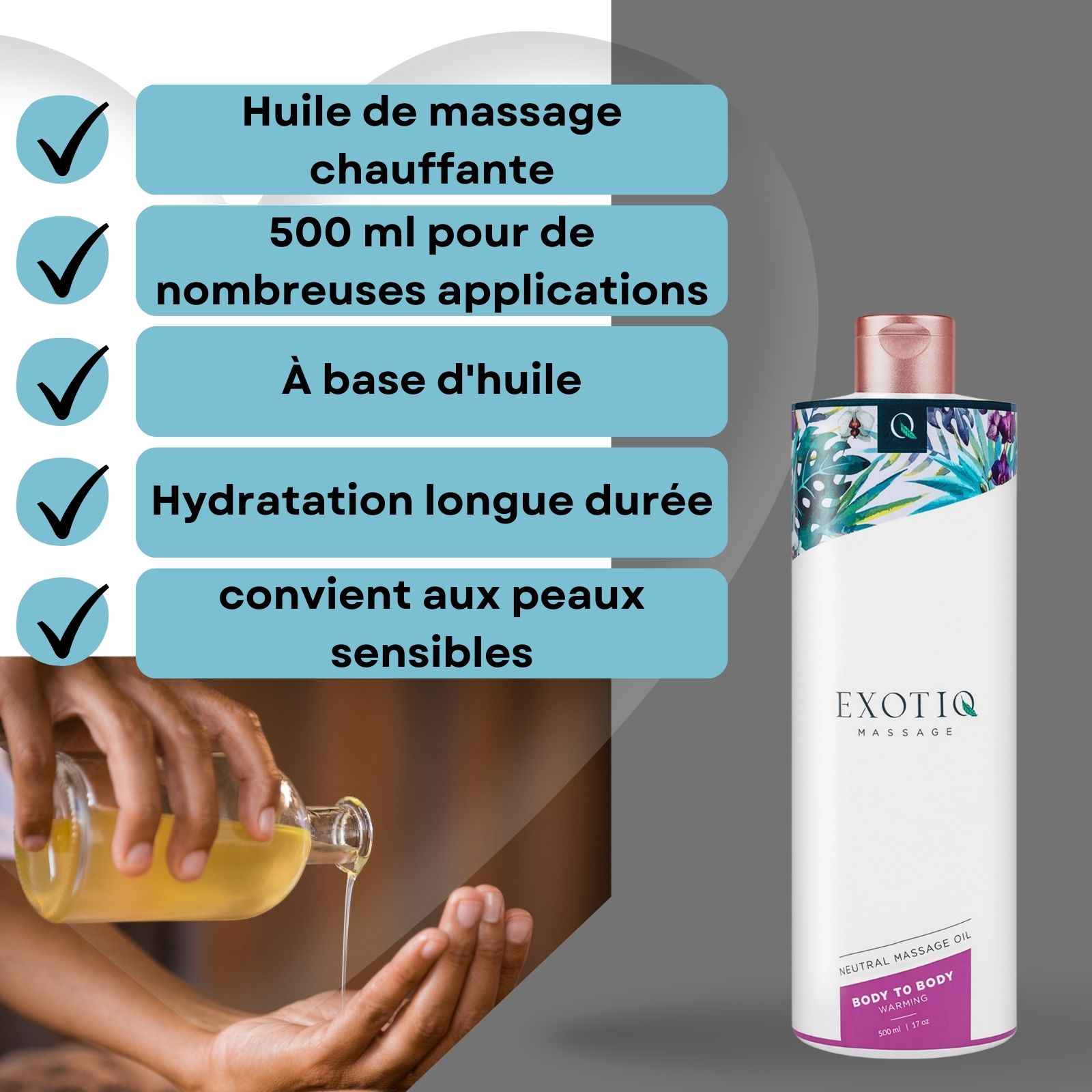 L'huile de massage est versée dans la main. Bouteille avec texte et logo.