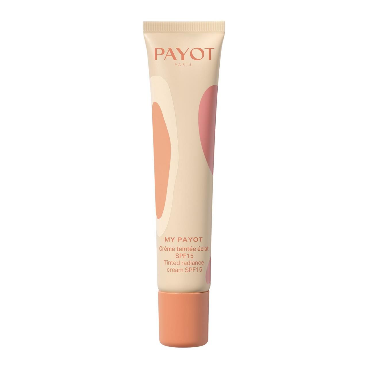Payot My Payot CC Glow. Tube met getinte crème, SPF15. Beige, roze en oranje elementen. Productnaam en details.