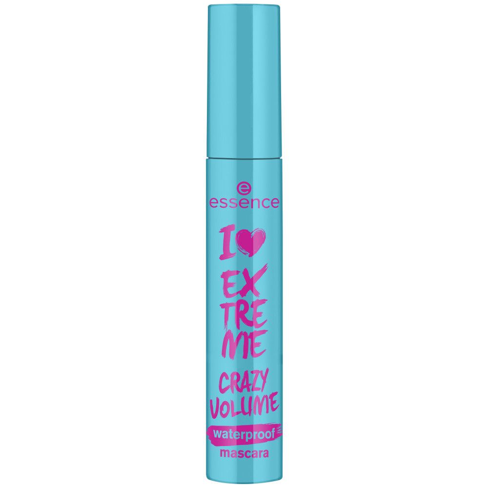 Tube de mascara turquoise avec texte rose. Inscription "I Love Extreme Crazy Volume Waterproof Mascara".