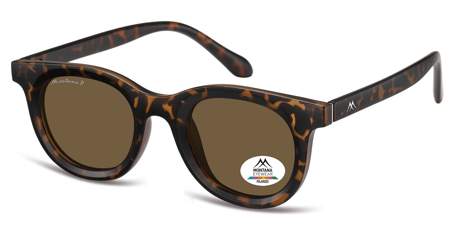 Lunettes de soleil marron avec monture marron à motifs. Logo et autocollant de polarisation sur le verre.