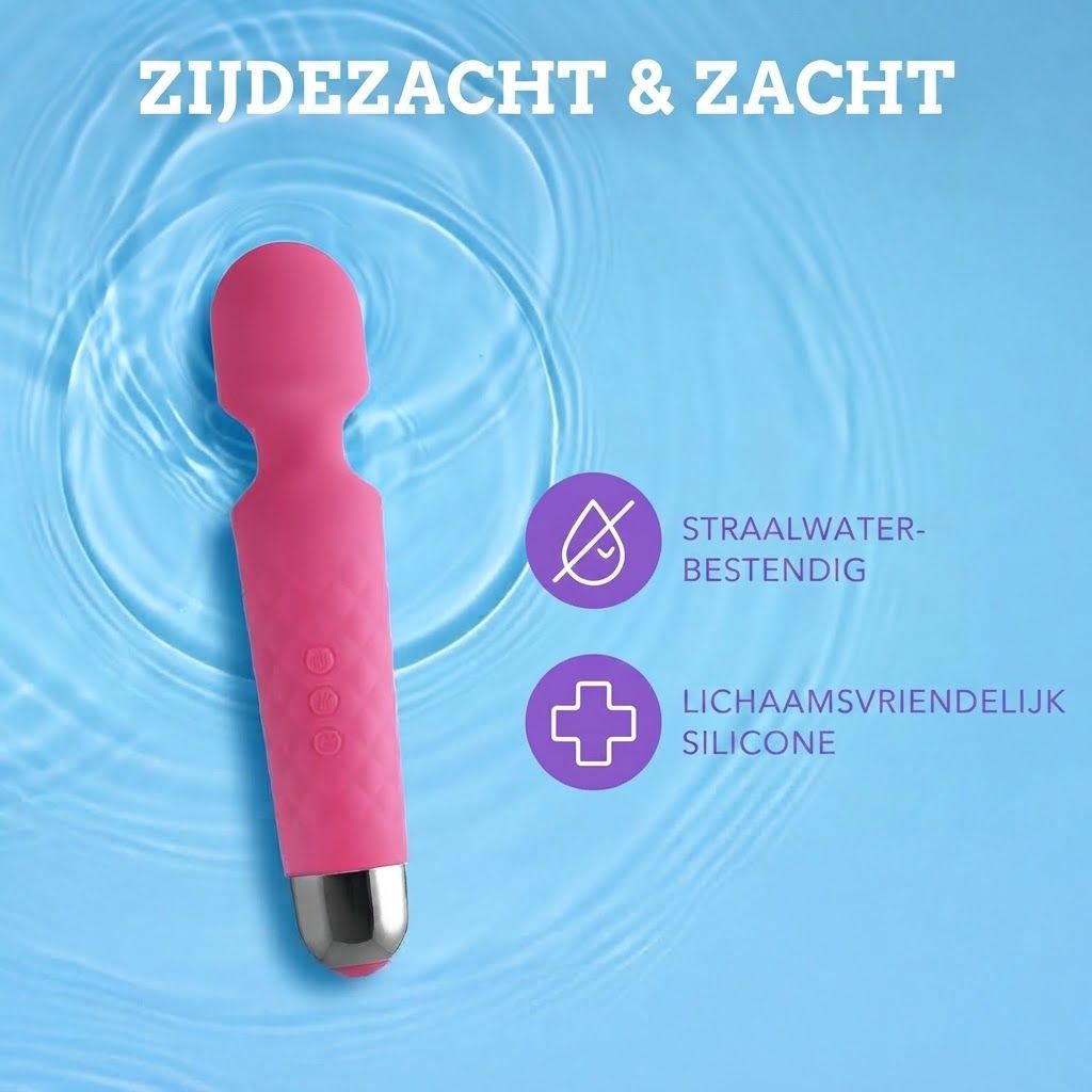 Roze toverstaf-massager met zilveren dop, straalwaterbestendig en van lichaamsvriendelijk siliconen.