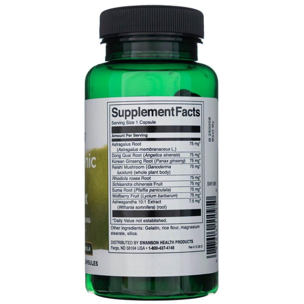 Gélule verte avec étiquette Supplement Facts listant Astragalus, Ginseng, Reishi et Ashwagandha.