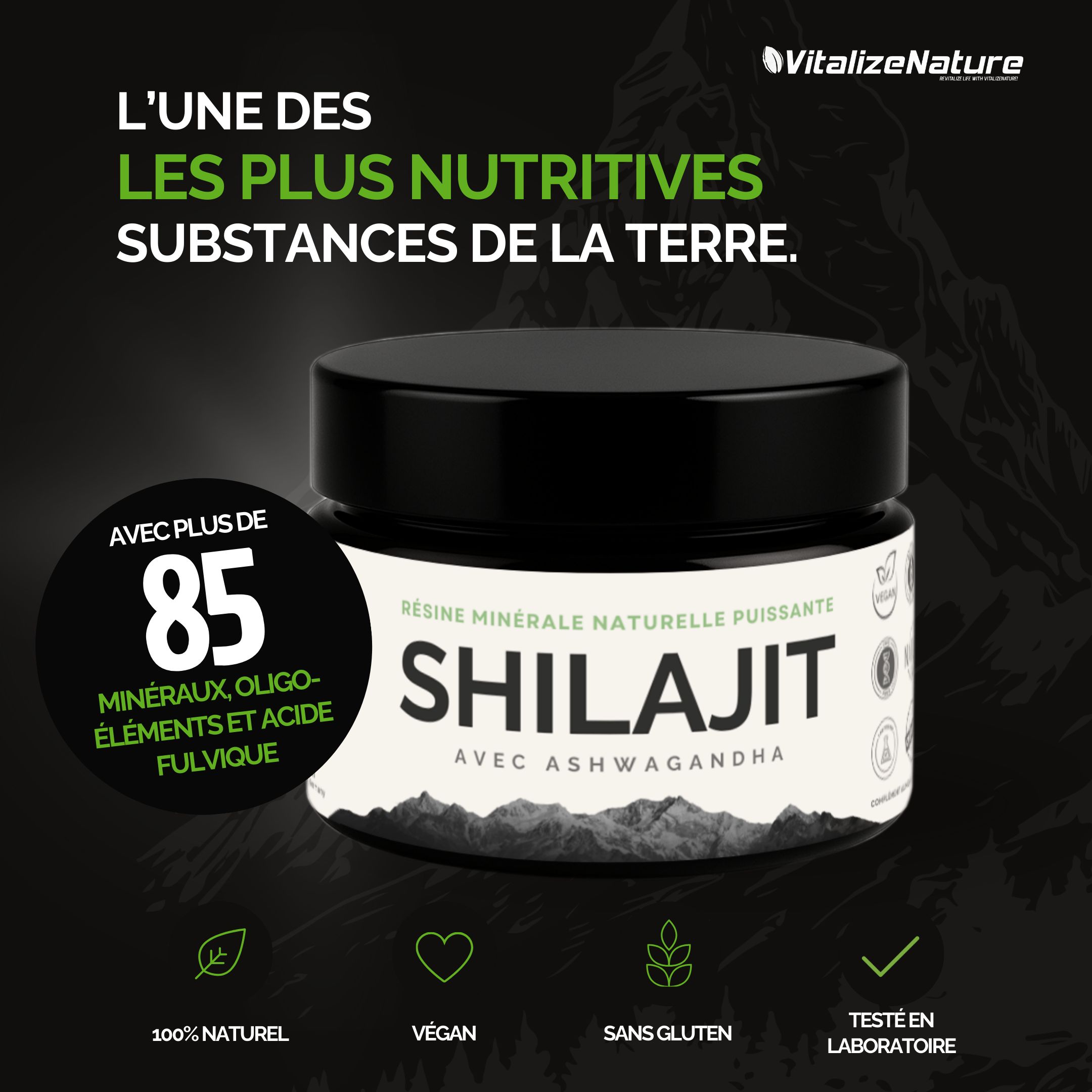 Pot de produit avec étiquette. Plus de 85 minéraux, oligo-éléments et acide fulvique. Végétalien, testé en laboratoire.